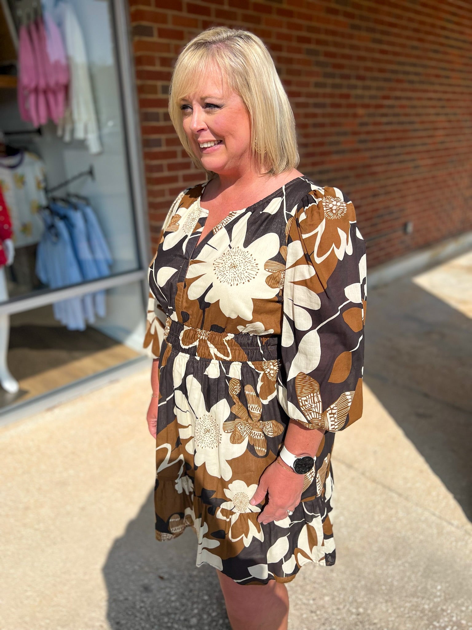 All This Time Camel Abstract Print Dress with 3/4 Length Sleeves (C) - A'Bekah's Boutique