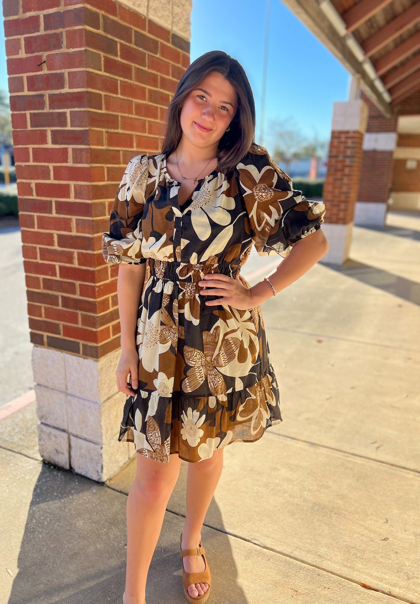 All This Time Camel Abstract Print Dress with 3/4 Length Sleeves (R) - A'Bekah's Boutique