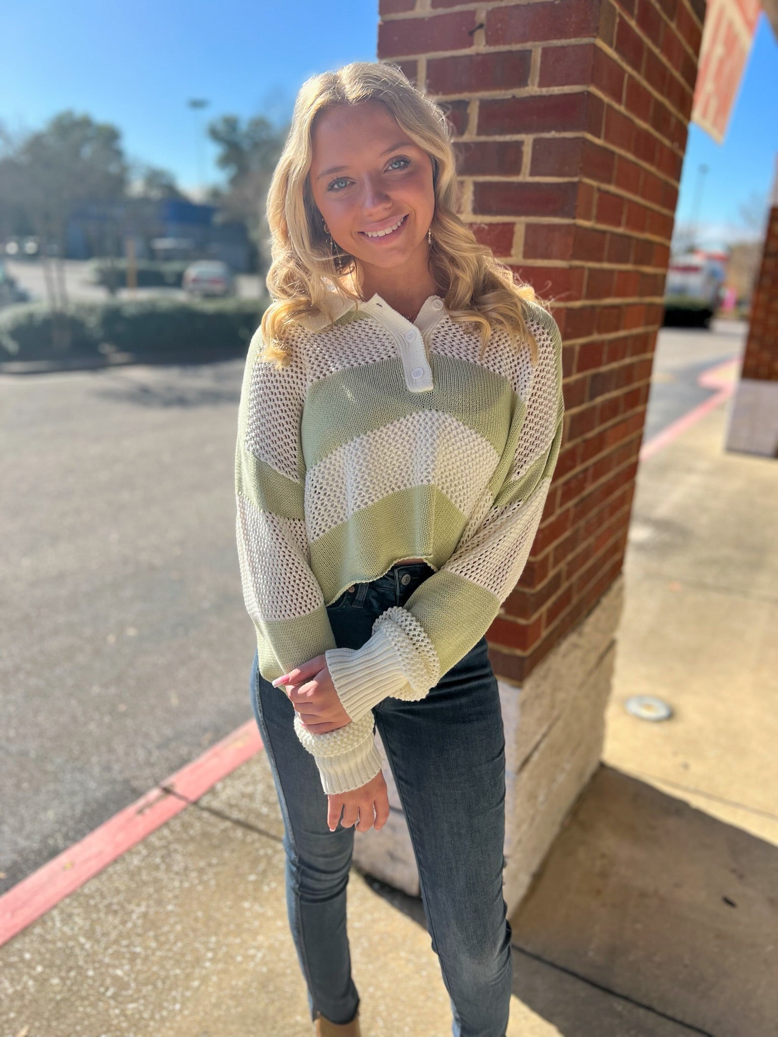 Always Fun Pistachio Striped Crochet Long Sleeve Sweater - A'Bekah's Boutique