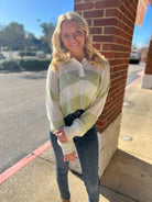 Always Fun Pistachio Striped Crochet Long Sleeve Sweater - A'Bekah's Boutique