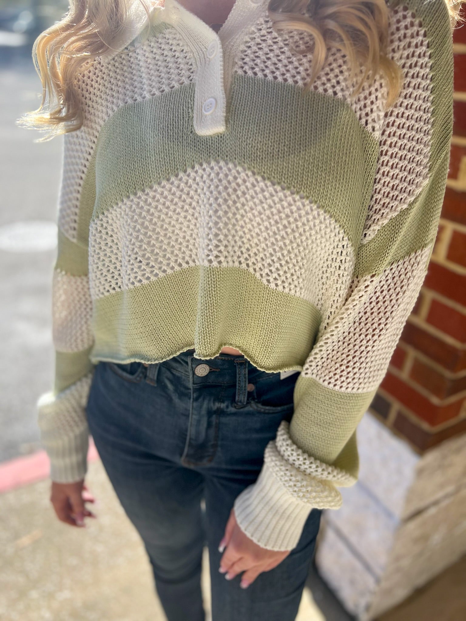 Always Fun Pistachio Striped Crochet Long Sleeve Sweater - A'Bekah's Boutique