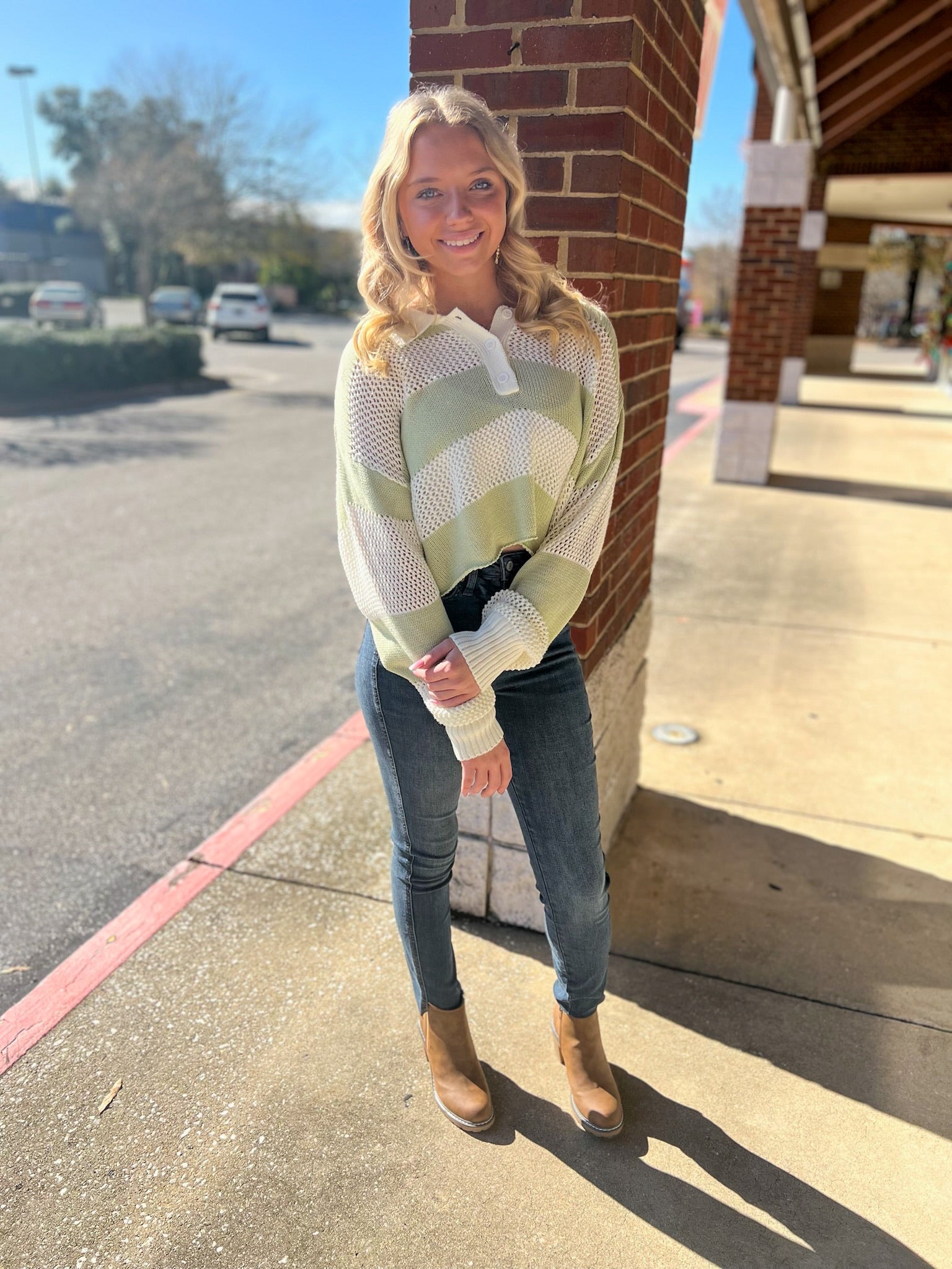 Always Fun Pistachio Striped Crochet Long Sleeve Sweater - A'Bekah's Boutique