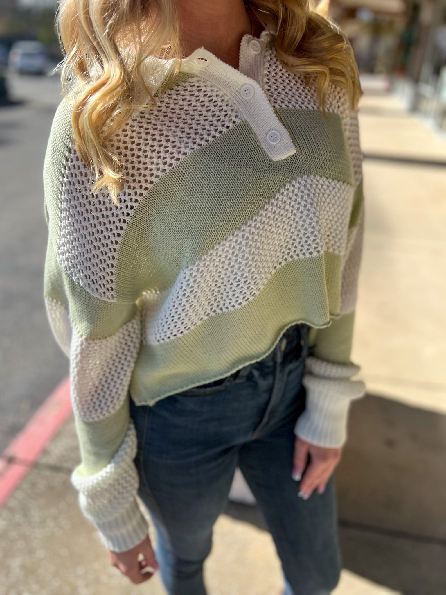 Always Fun Pistachio Striped Crochet Long Sleeve Sweater - A'Bekah's Boutique
