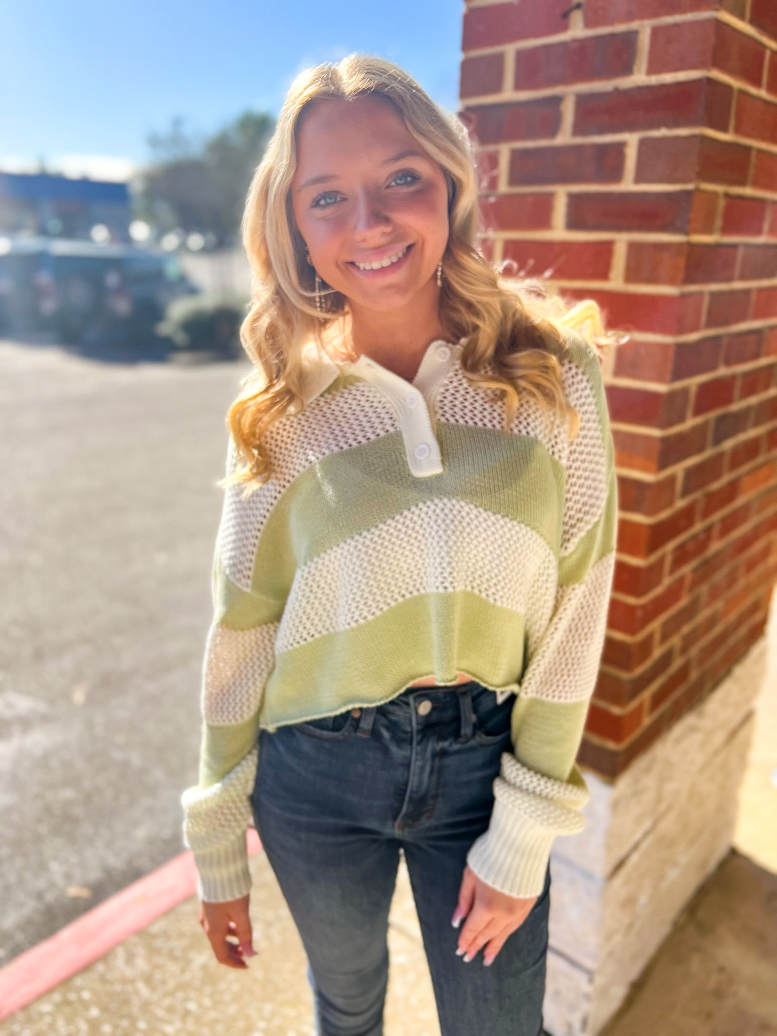 Always Fun Pistachio Striped Crochet Long Sleeve Sweater - A'Bekah's Boutique