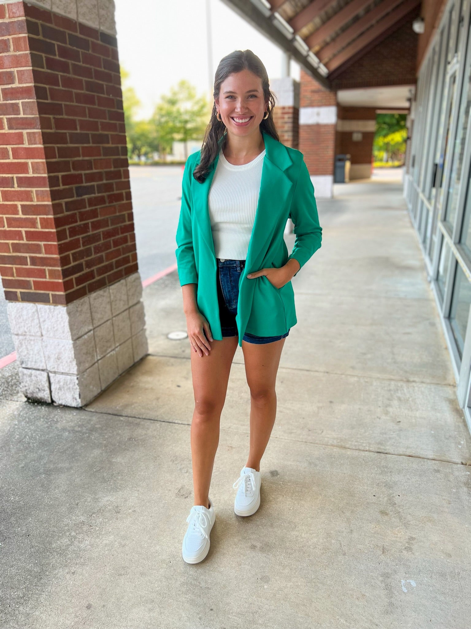 Anything For You Kelly Green 3/4 Length Ruched Sleeve Fitted Magic Blazer - A'Bekah's Boutique