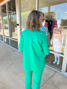 Anything For You Kelly Green 3/4 Length Ruched Sleeve Fitted Magic Blazer - A'Bekah's Boutique