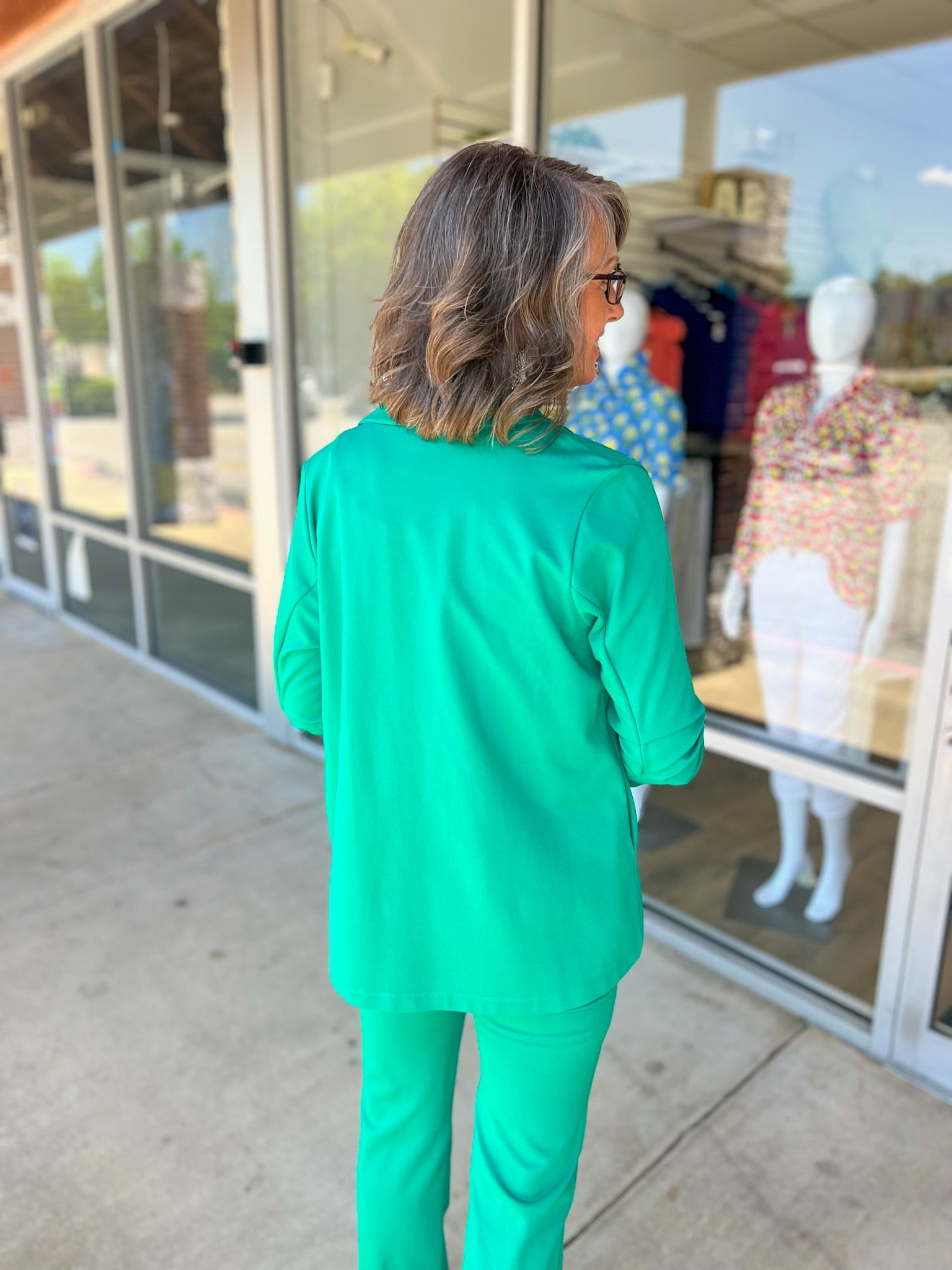 Anything For You Kelly Green 3/4 Length Ruched Sleeve Fitted Magic Blazer - A'Bekah's Boutique