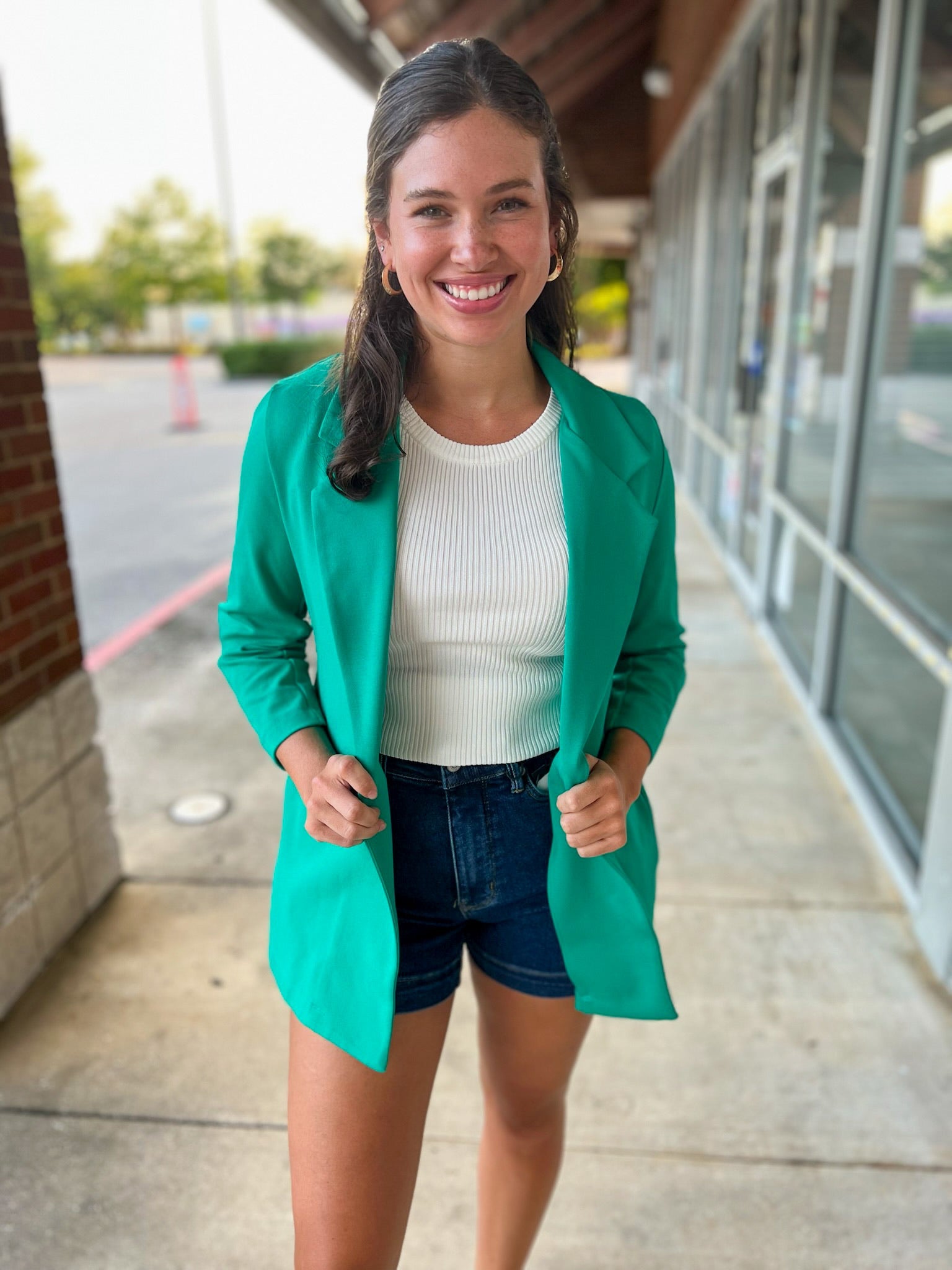 Anything For You Kelly Green 3/4 Length Ruched Sleeve Fitted Magic Blazer - A'Bekah's Boutique