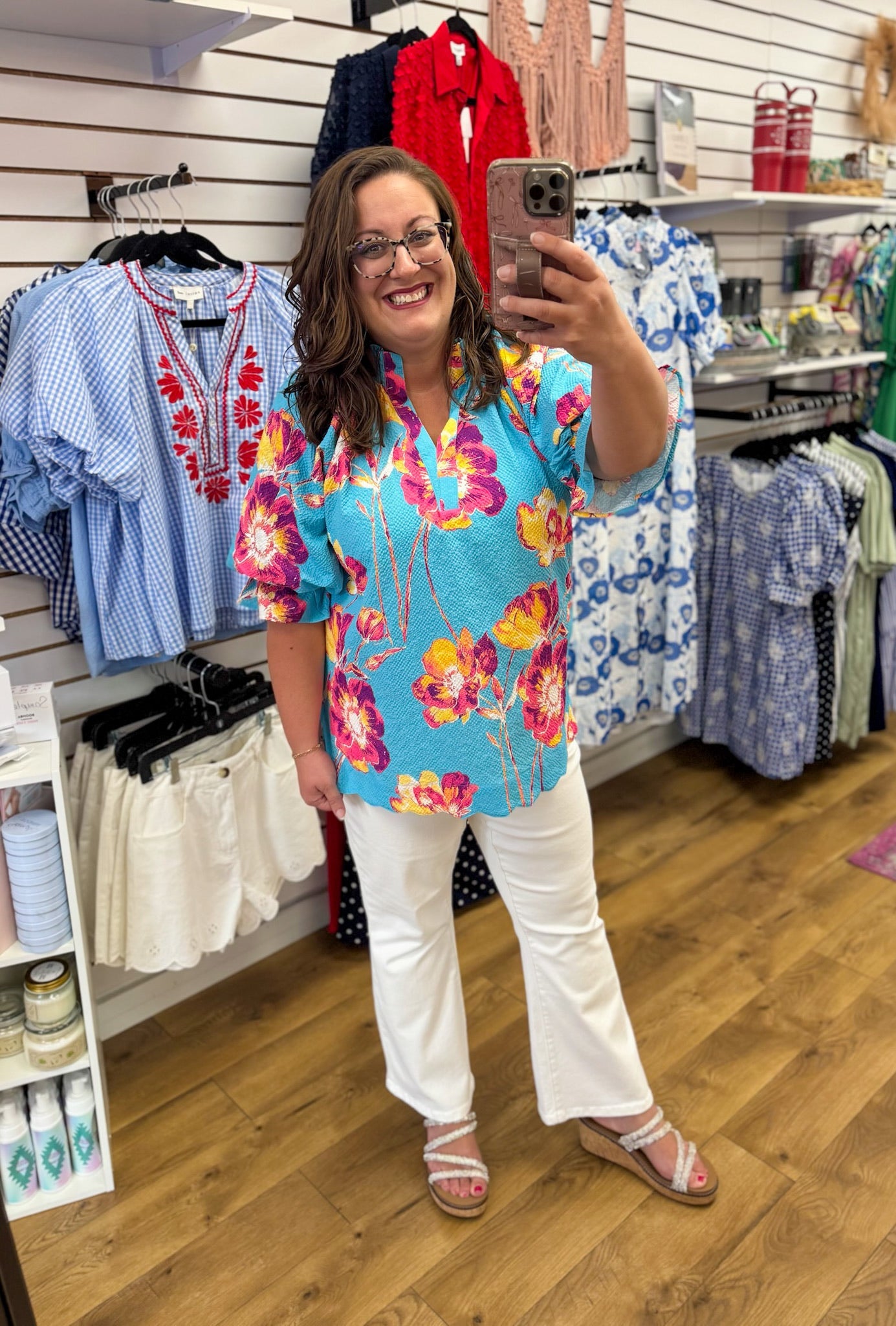 Aqua Floral V-Neck Top with Short Puff Sleeves - A'Bekah's Boutique