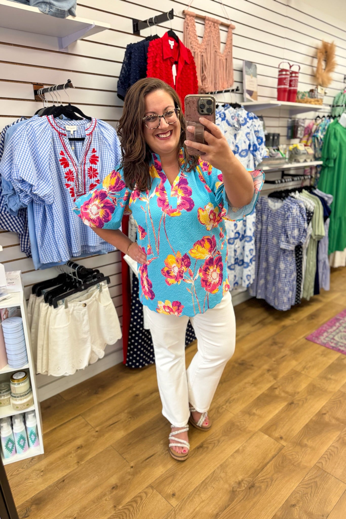 Aqua Floral V-Neck Top with Short Puff Sleeves - A'Bekah's Boutique