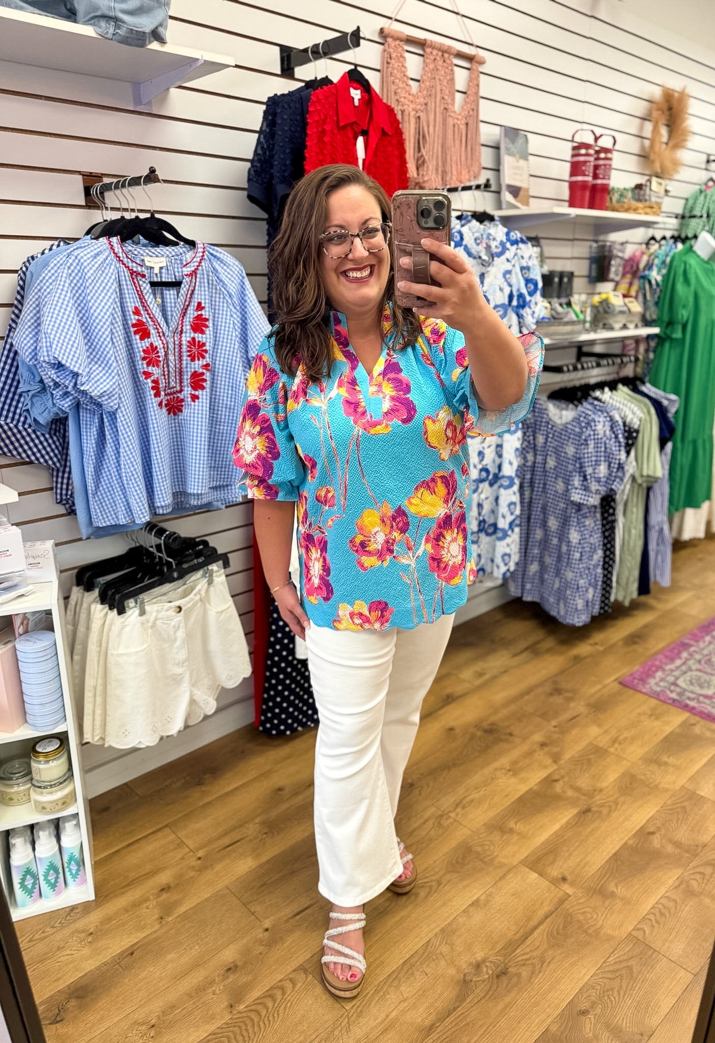 Aqua Floral V-Neck Top with Short Puff Sleeves - A'Bekah's Boutique