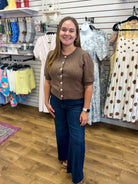 Ash Brown Short Puff Sleeve Cardigan - A'Bekah's Boutique