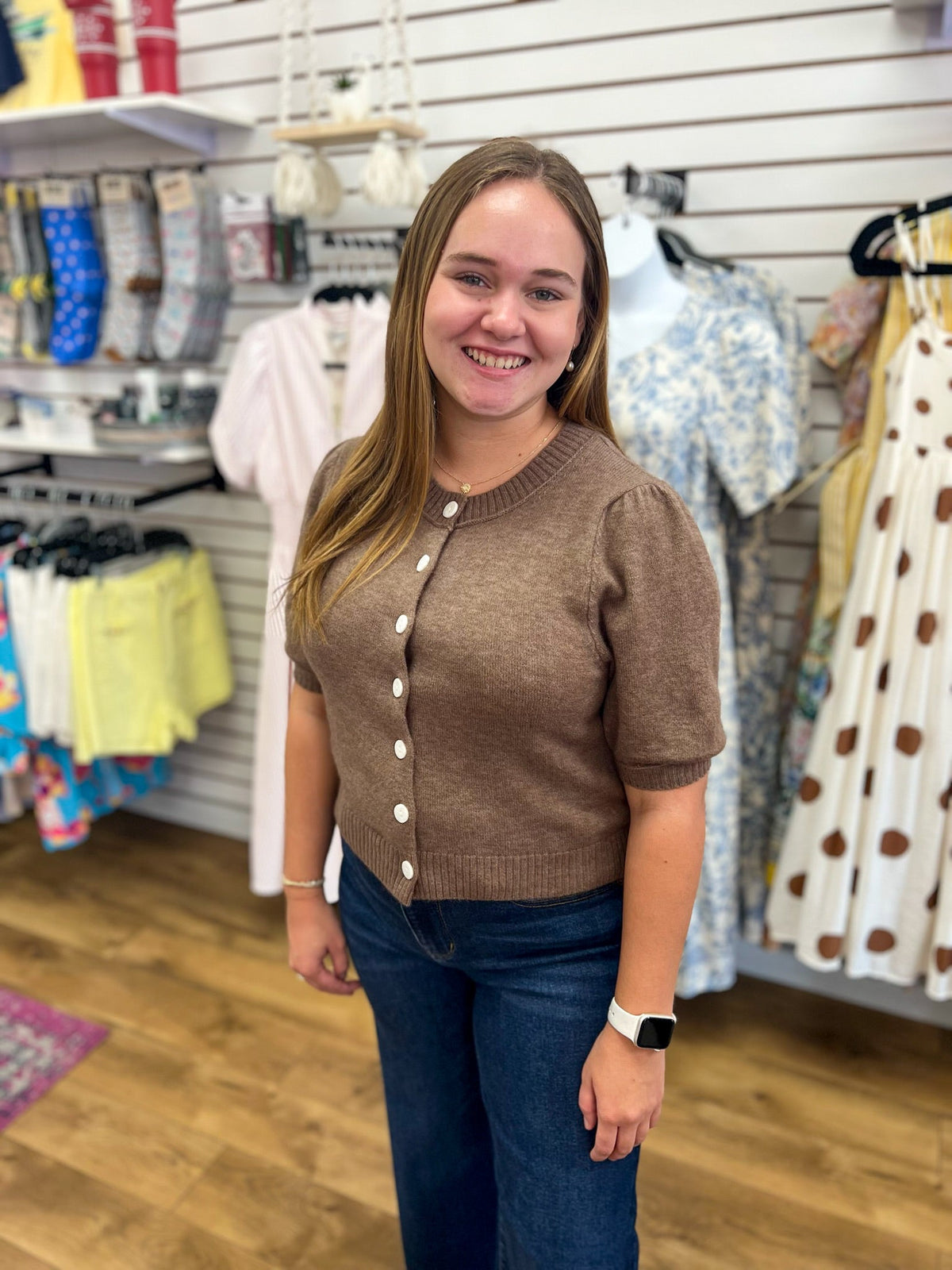 Ash Brown Short Puff Sleeve Cardigan - A'Bekah's Boutique