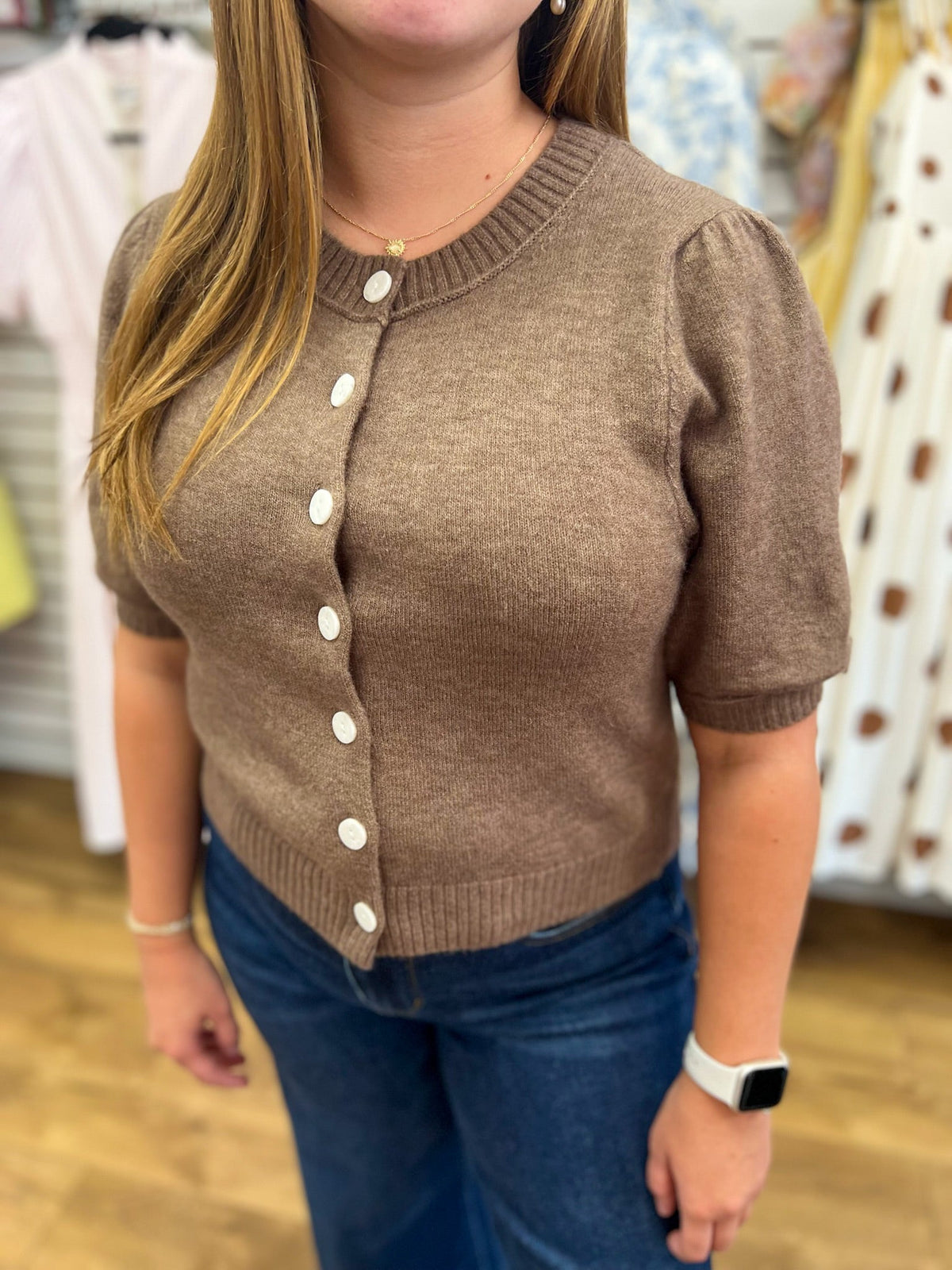Ash Brown Short Puff Sleeve Cardigan - A'Bekah's Boutique