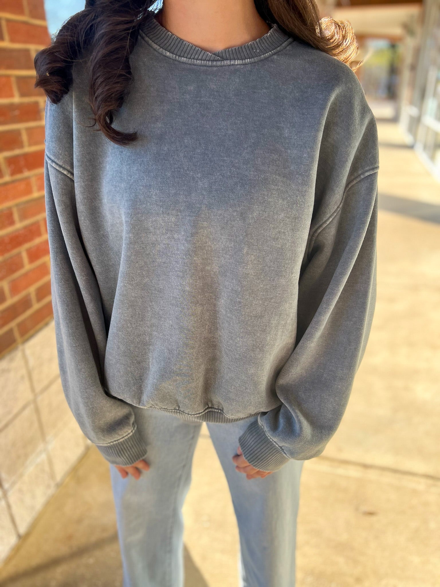Ash Jade Acid Wash Long Balloon Sleeve Fleece Oversized Pullover - A'Bekah's Boutique