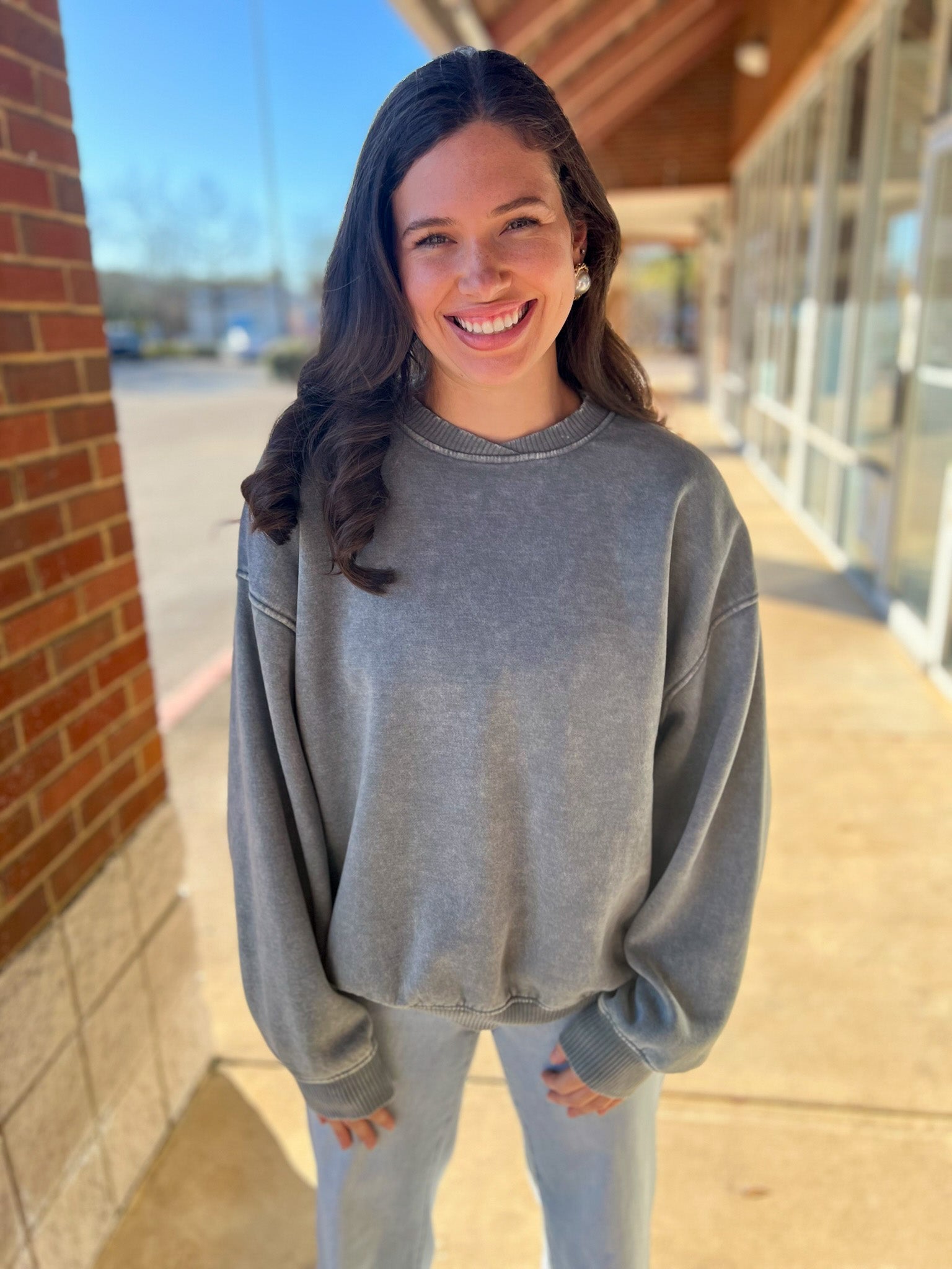 Ash Jade Acid Wash Long Balloon Sleeve Fleece Oversized Pullover - A'Bekah's Boutique