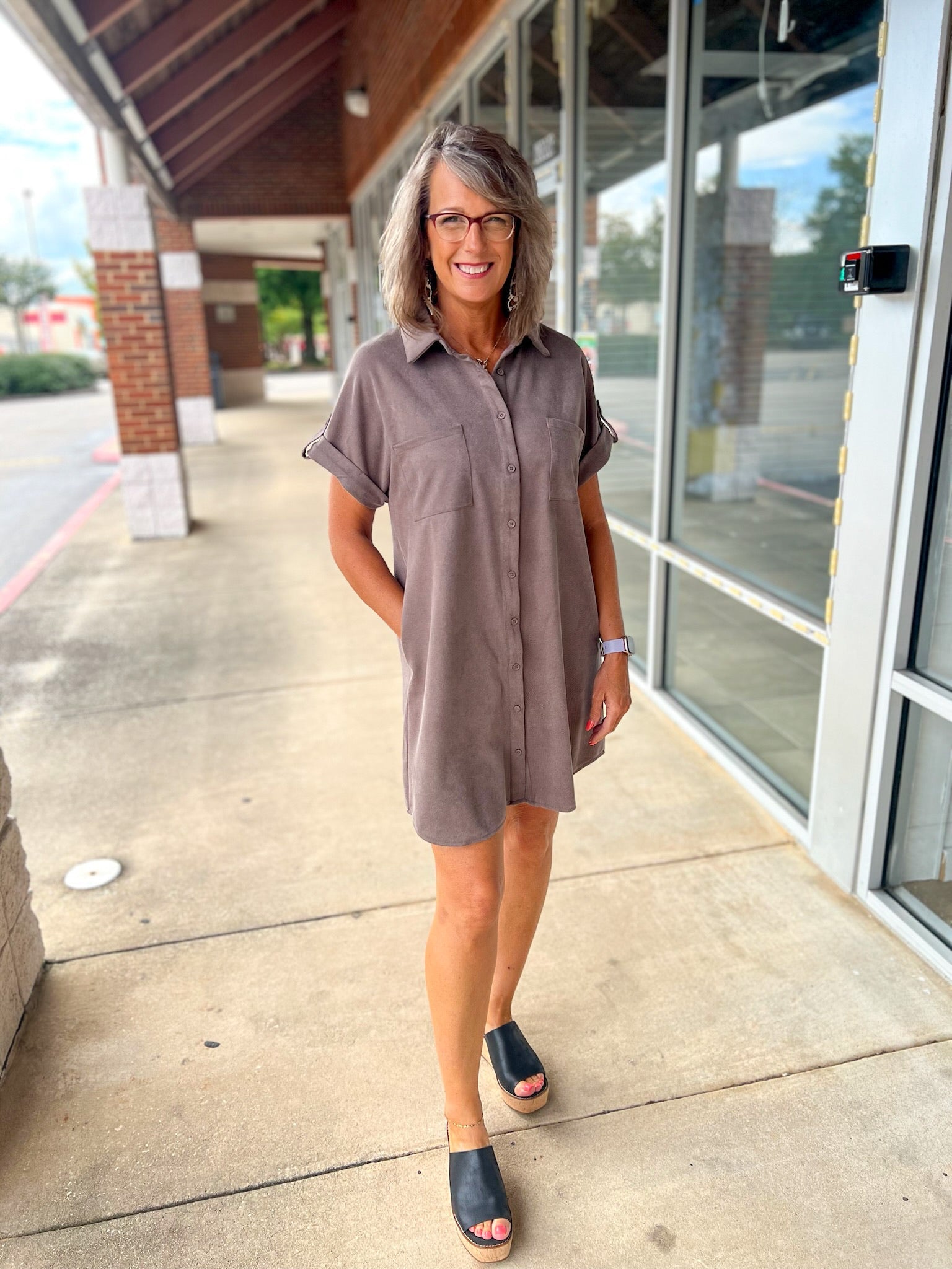 Ash Mocha Button Down Suede Shirt Dress with Pockets - A'Bekah's Boutique