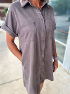 Ash Mocha Button Down Suede Shirt Dress with Pockets - A'Bekah's Boutique