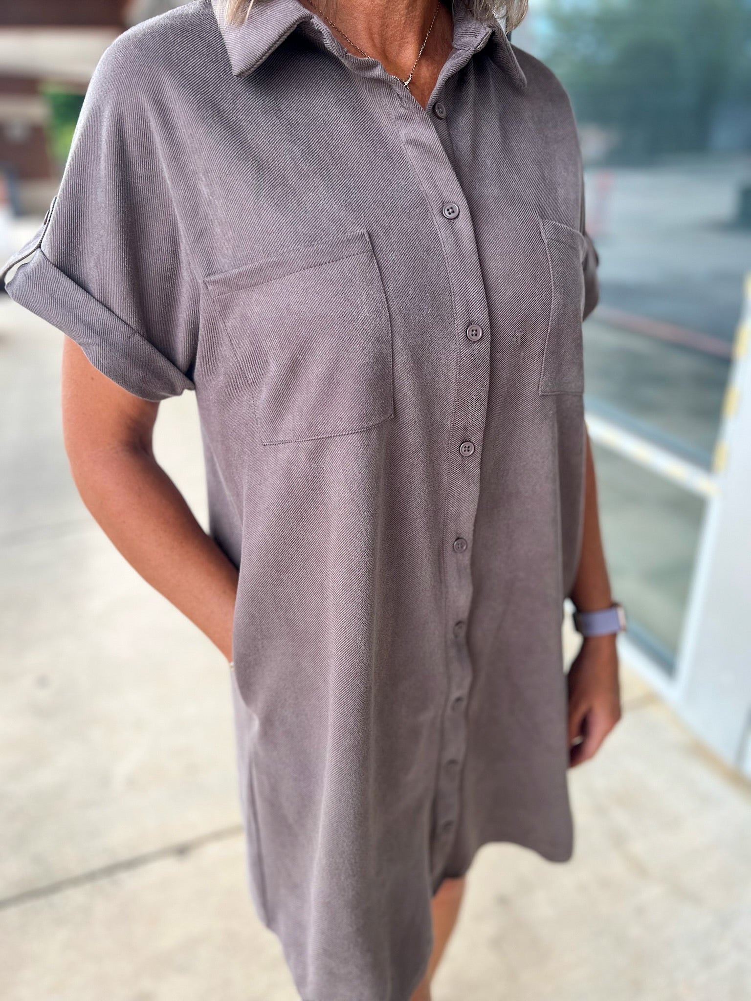 Ash Mocha Button Down Suede Shirt Dress with Pockets - A'Bekah's Boutique