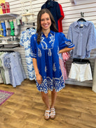 Azure Blue Border Print Babydoll Dress - A'Bekah's Boutique