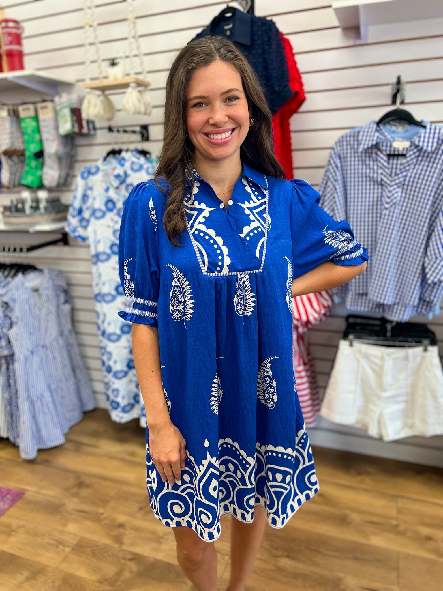 Azure Blue Border Print Babydoll Dress - A'Bekah's Boutique