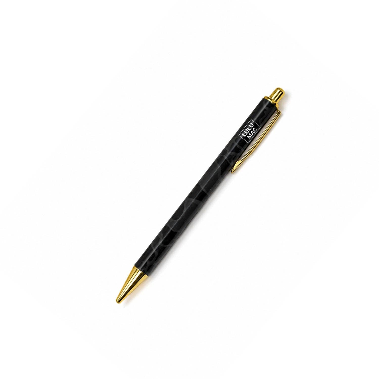 Black camo ballpoint pen with gold metal tip and clip, Lulu Mac branded