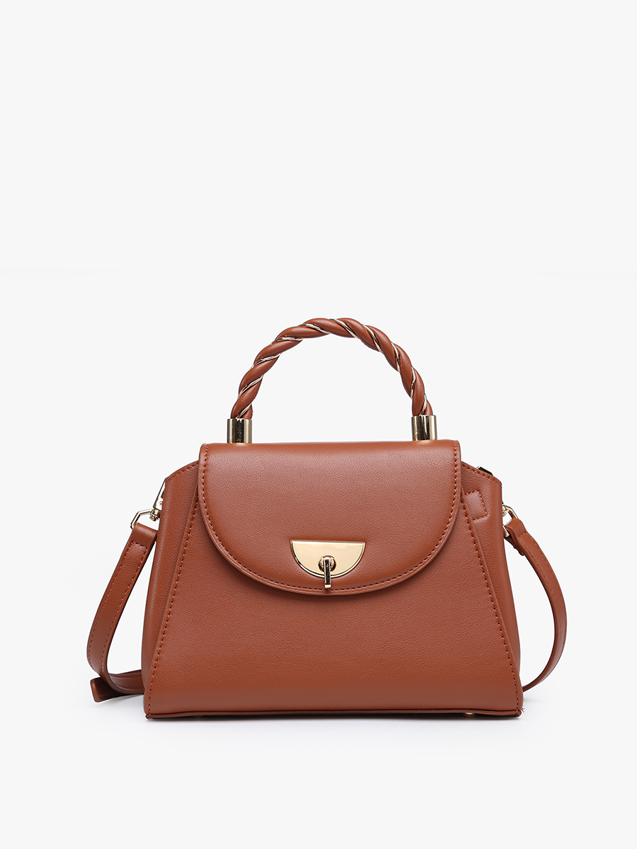 Brown leather small satchel with braided top handle and gold twist-lock closure