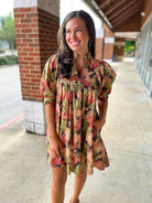 Be The Light Brown Floral 3/4 Sleeve Dress - A'Bekah's Boutique
