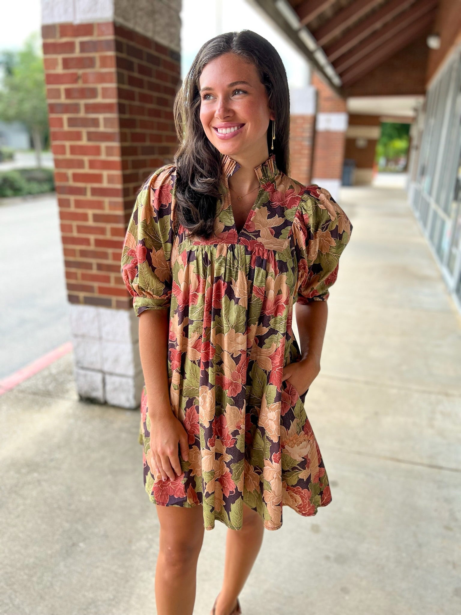 Be The Light Brown Floral 3/4 Sleeve Dress - A'Bekah's Boutique