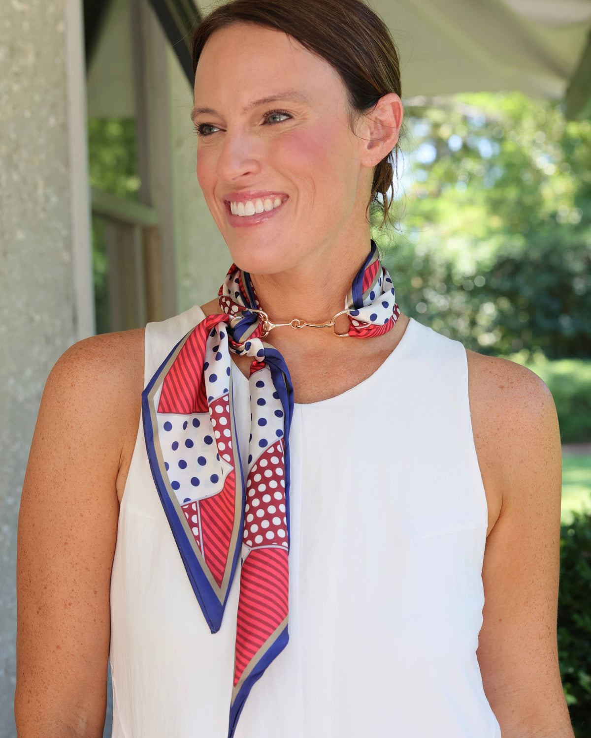 Navy red white polka dot striped scarf necklace with gold horsebit buckle closure