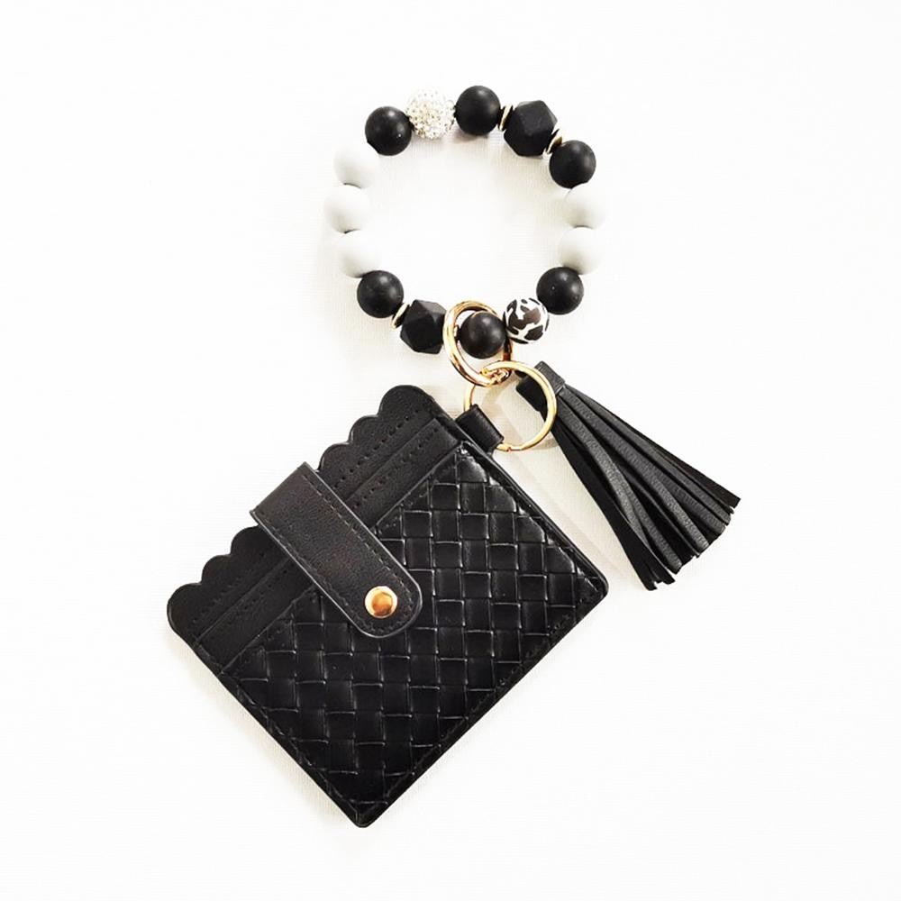 Beaded Bracelet Keyring with Woven Vegan Leather Wallet & Tassel - A'Bekah's Boutique