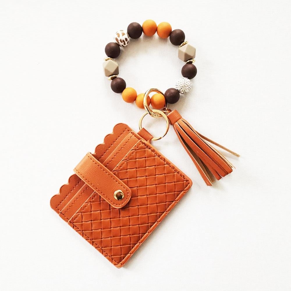 Beaded Bracelet Keyring with Woven Vegan Leather Wallet & Tassel - A'Bekah's Boutique