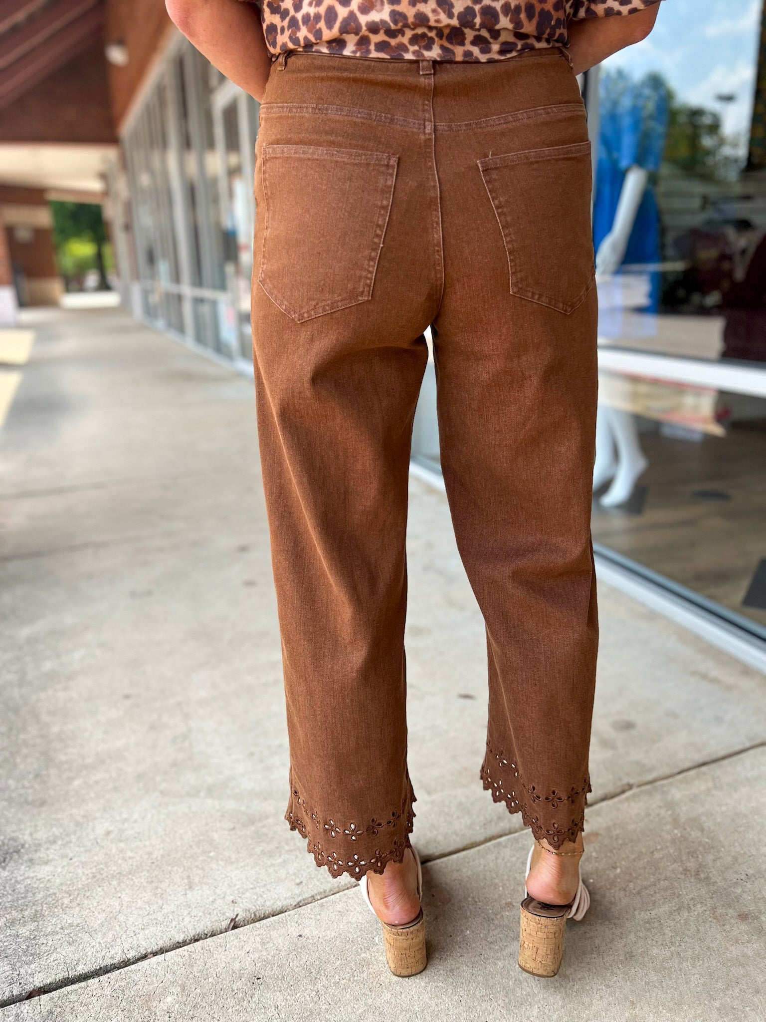 Beautiful Life Brown High Waisted Ankle Pants with Floral Embroidered Hem - A'Bekah's Boutique