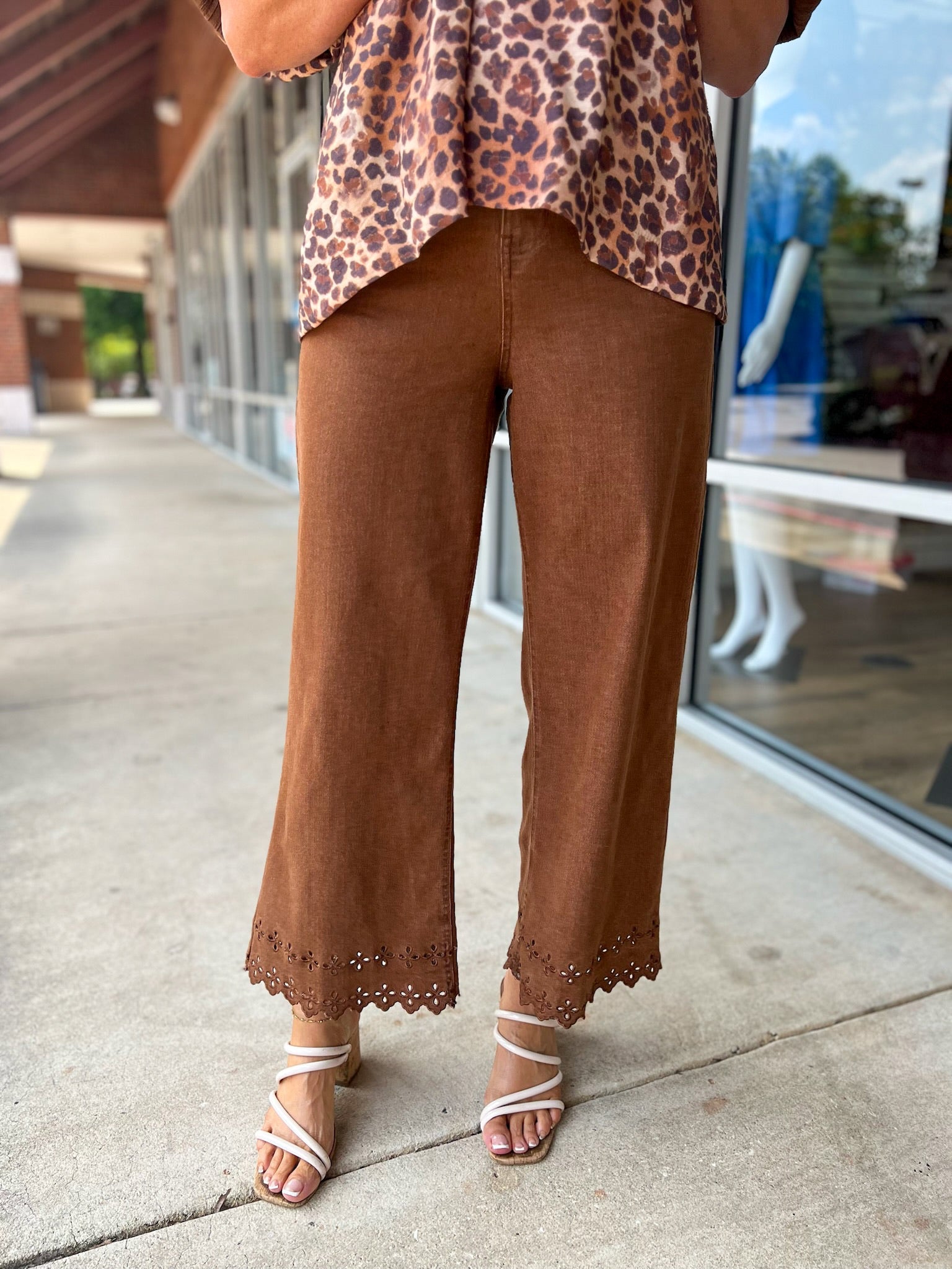 Beautiful Life Brown High Waisted Ankle Pants with Floral Embroidered Hem - A'Bekah's Boutique