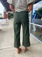 Beautiful Life Olive High Waisted Ankle Pants with Floral Embroidered Hem - A'Bekah's Boutique
