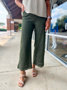 Beautiful Life Olive High Waisted Ankle Pants with Floral Embroidered Hem - A'Bekah's Boutique