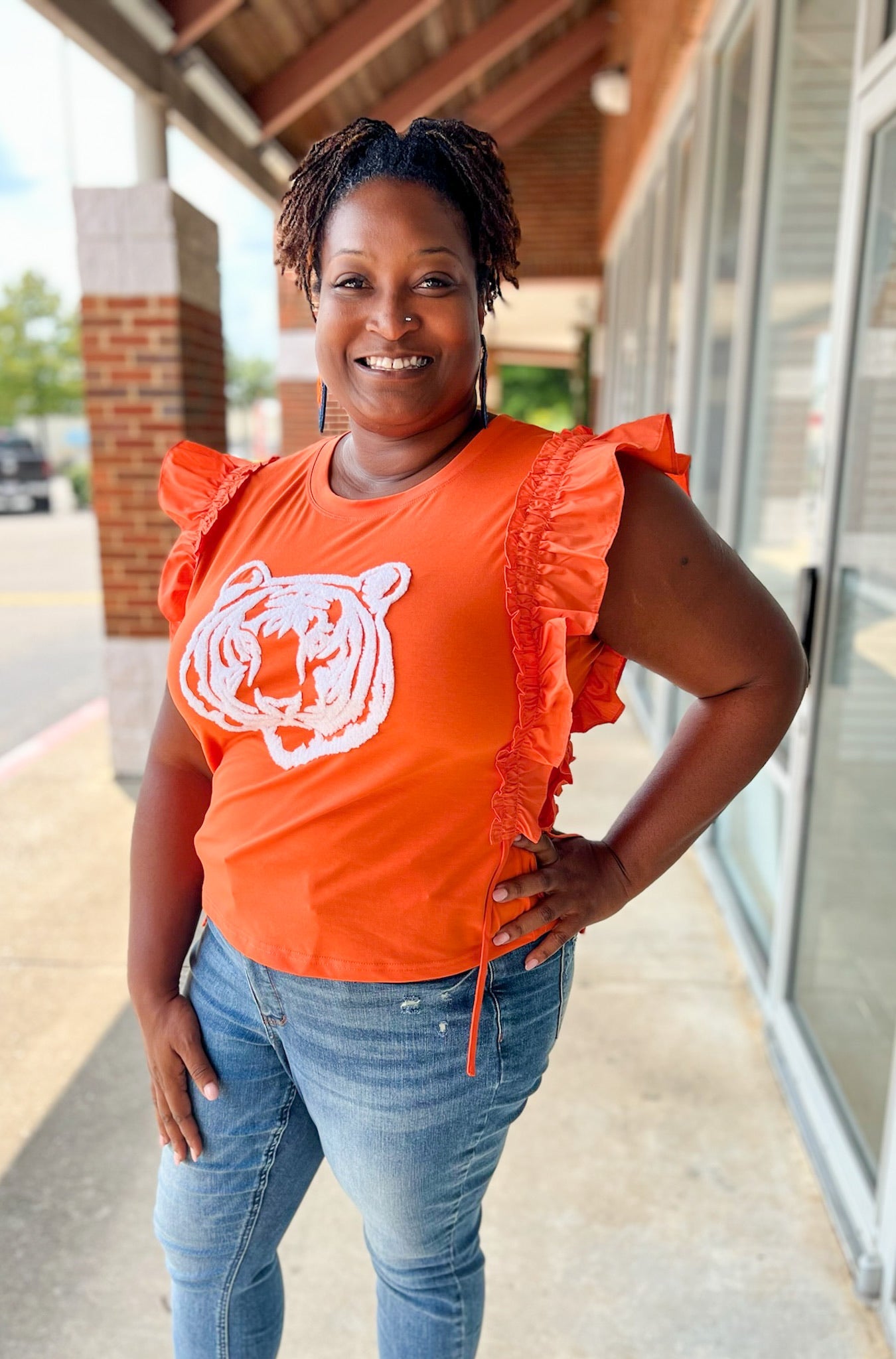 Biggest Fan Orange Top with Shirred Sleeve & Tiger - A'Bekah's Boutique