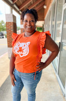 Biggest Fan Orange Top with Shirred Sleeve & Tiger - A'Bekah's Boutique