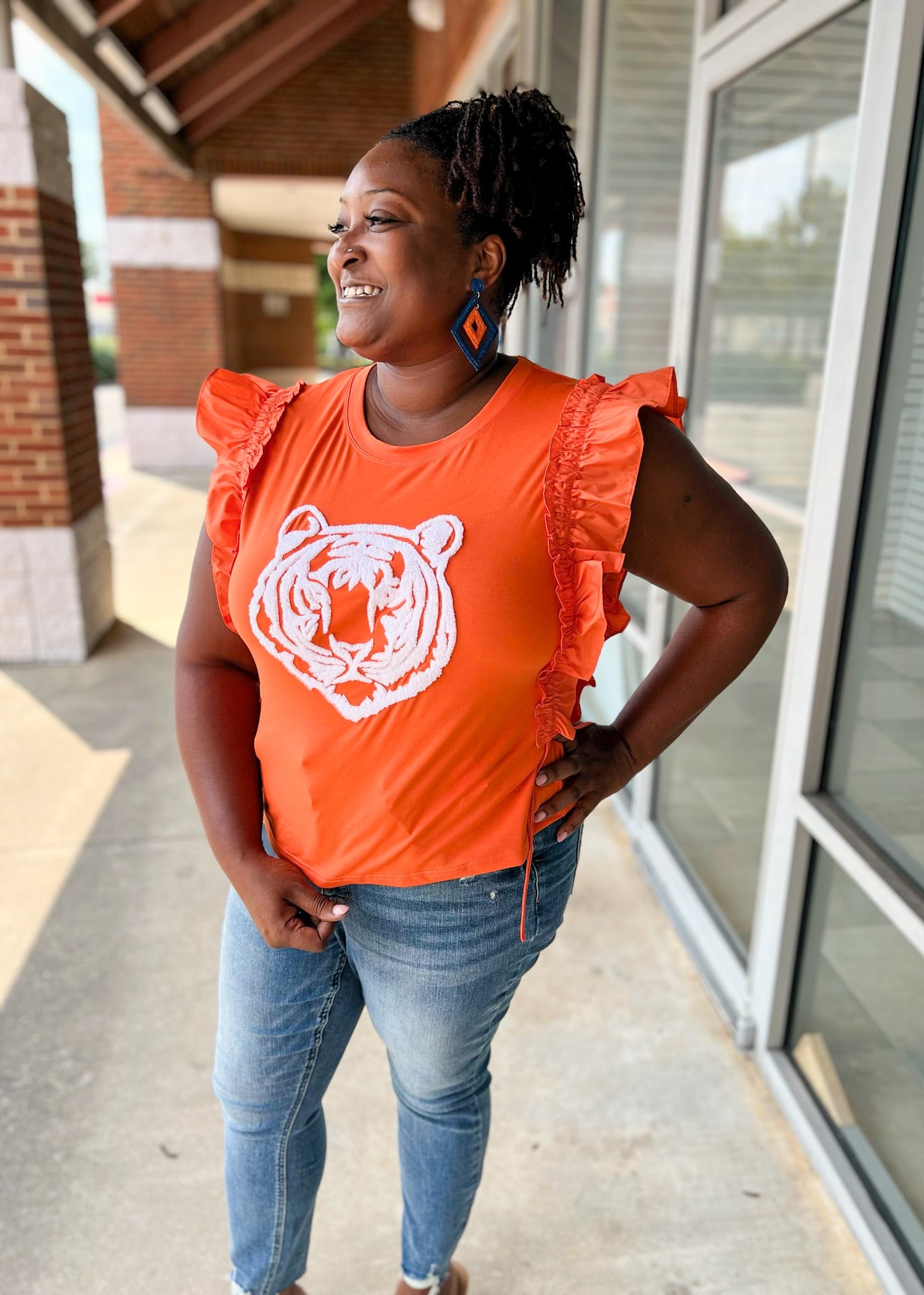Biggest Fan Orange Top with Shirred Sleeve & Tiger - A'Bekah's Boutique
