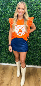 Biggest Fan Orange Top with Shirred Sleeve & Tiger - A'Bekah's Boutique