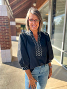 Black 3/4 Puff Sleeve Top with Embroidered Trim at V - Neck - A'Bekah's Boutique