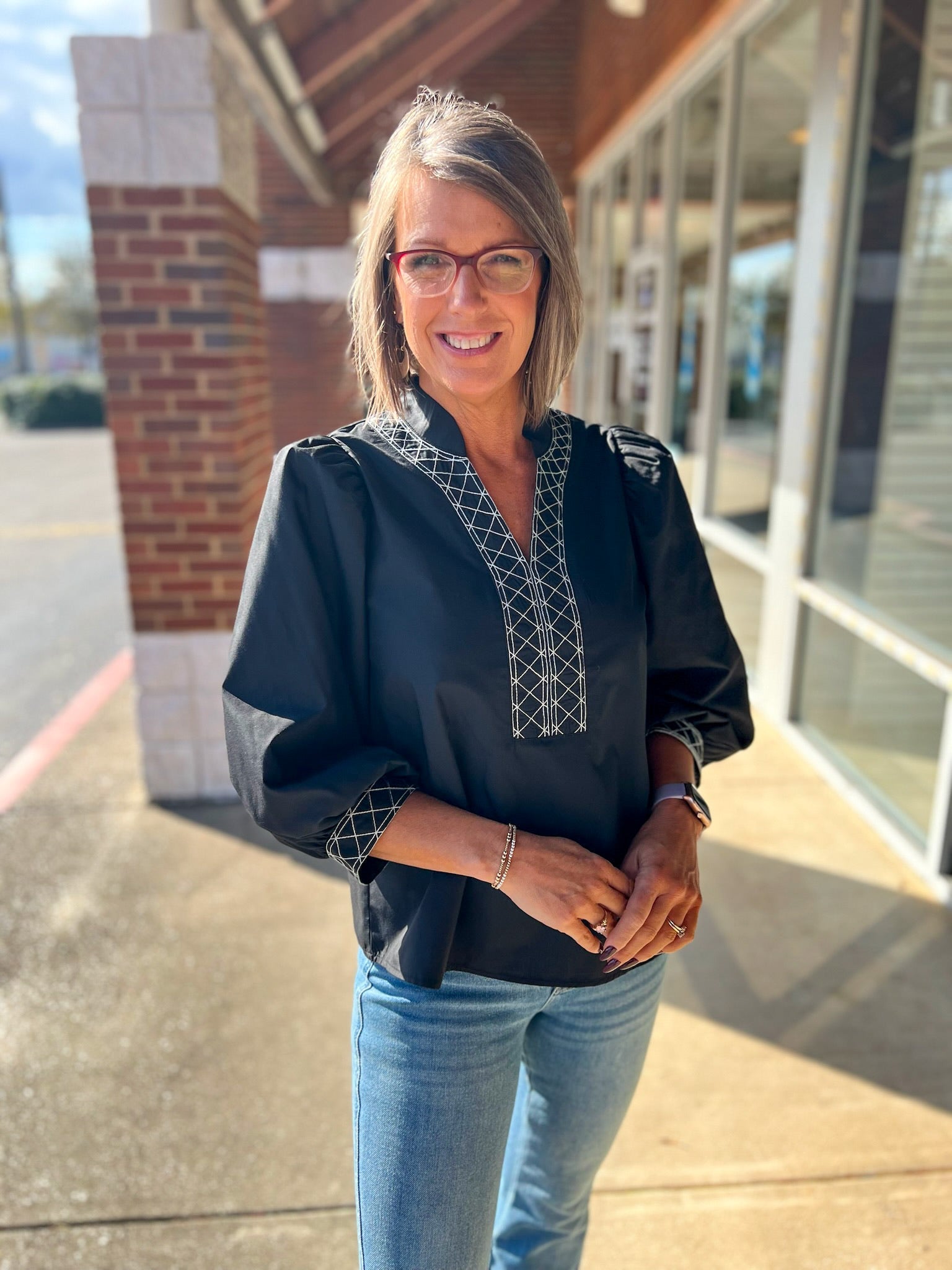 Black 3/4 Puff Sleeve Top with Embroidered Trim at V - Neck - A'Bekah's Boutique