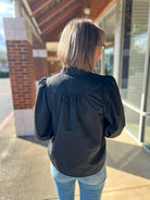 Black 3/4 Puff Sleeve Top with Embroidered Trim at V - Neck - A'Bekah's Boutique