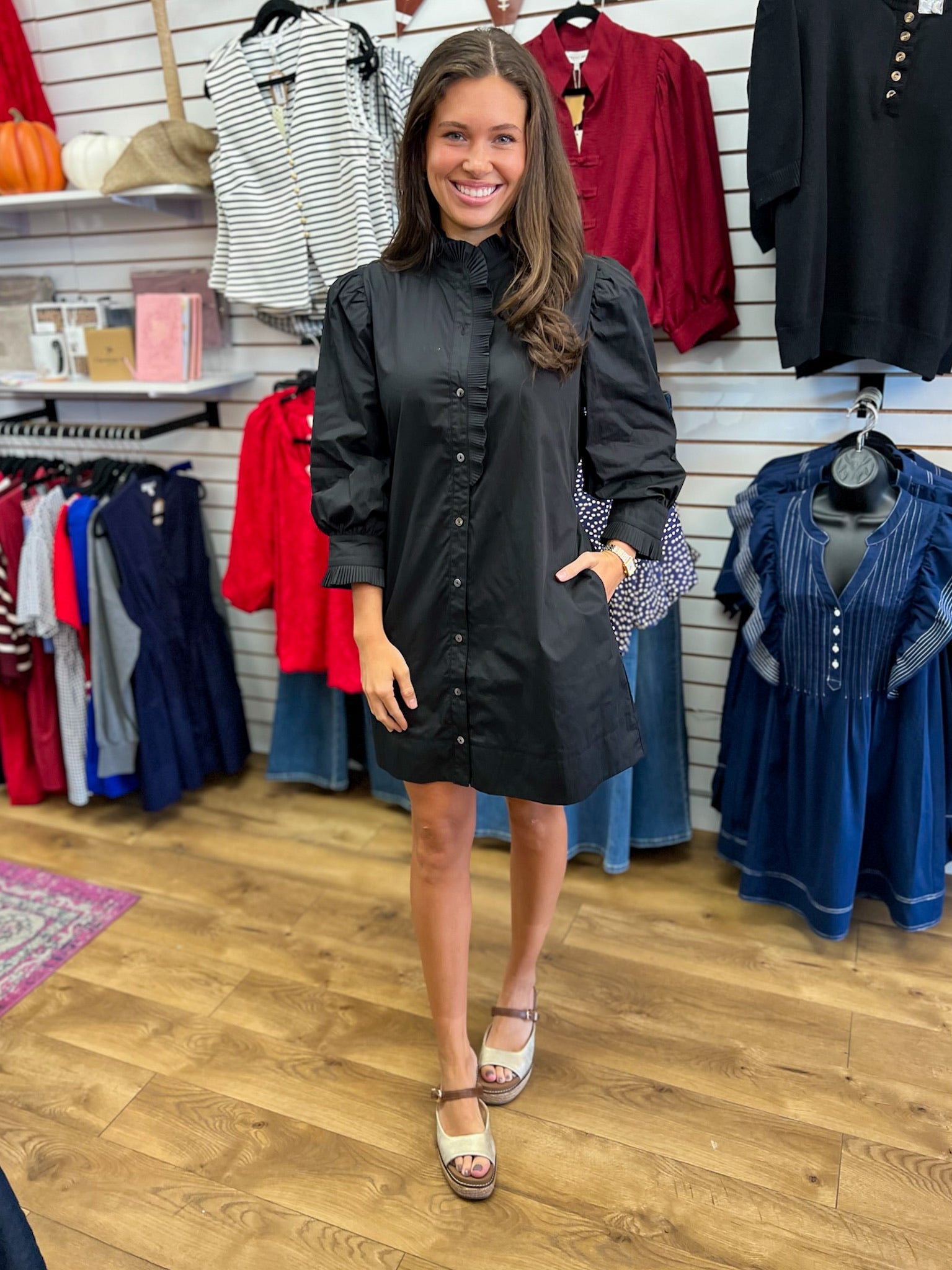 Black 3/4 Sleeve Dress with Ruffle Details - A'Bekah's Boutique