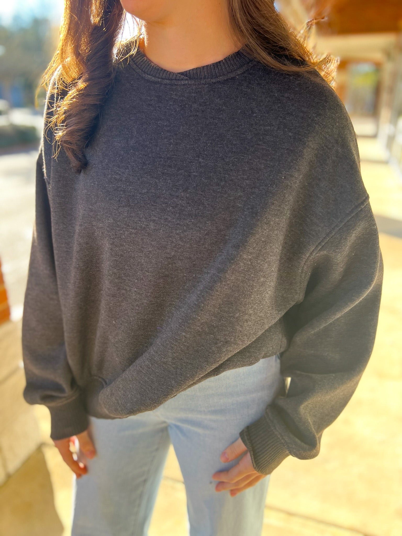 Black Acid Wash Long Balloon Sleeve Fleece Oversized Pullover - A'Bekah's Boutique