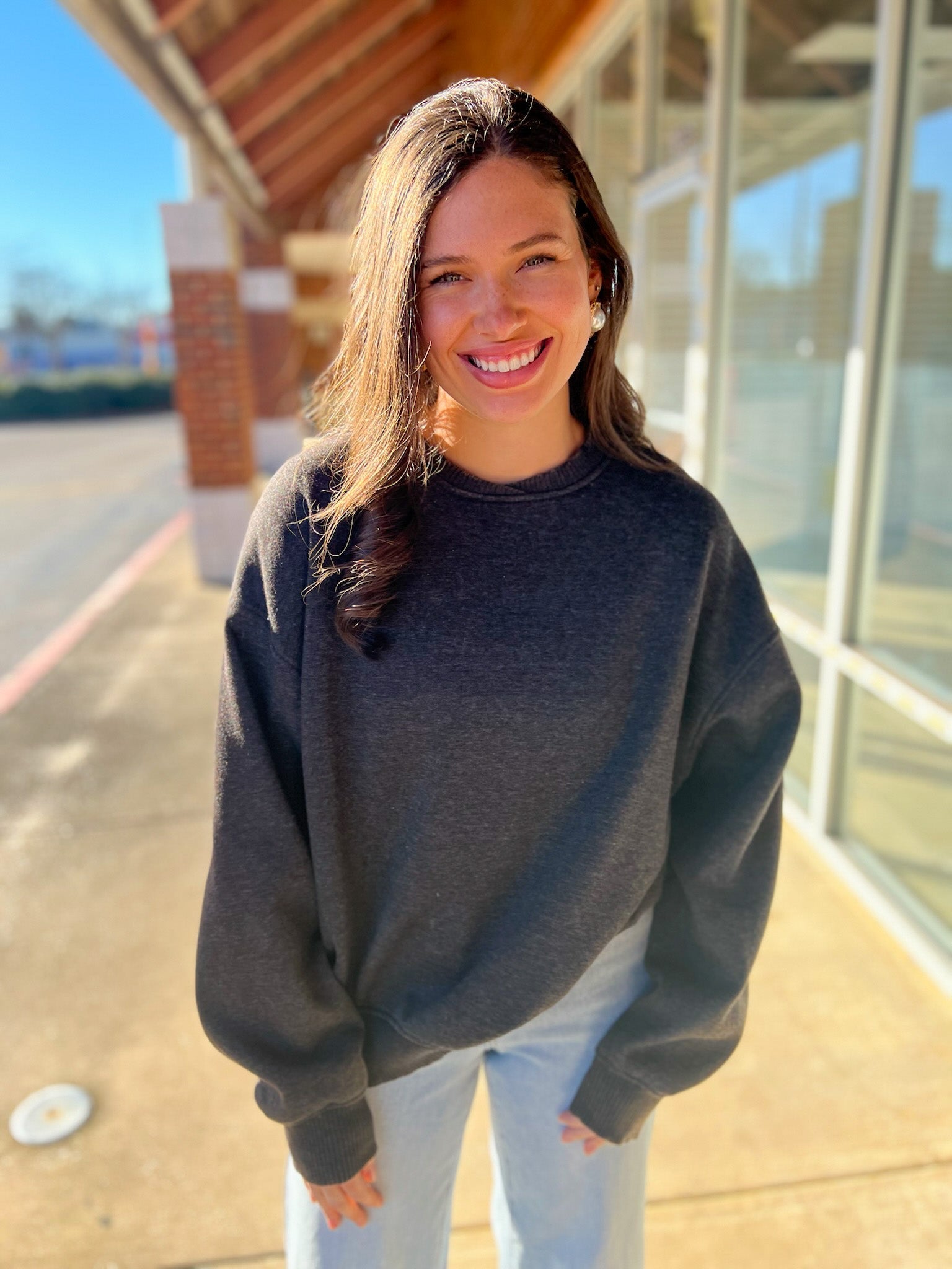 Black Acid Wash Long Balloon Sleeve Fleece Oversized Pullover - A'Bekah's Boutique