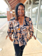 Black and Camel Floral Curvy V - Neck Top - A'Bekah's Boutique