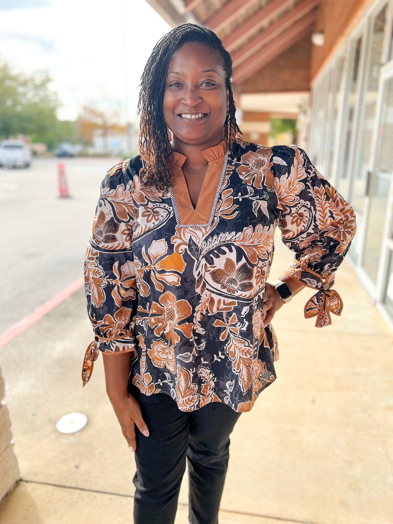 Black and Camel Floral Curvy V - Neck Top - A'Bekah's Boutique