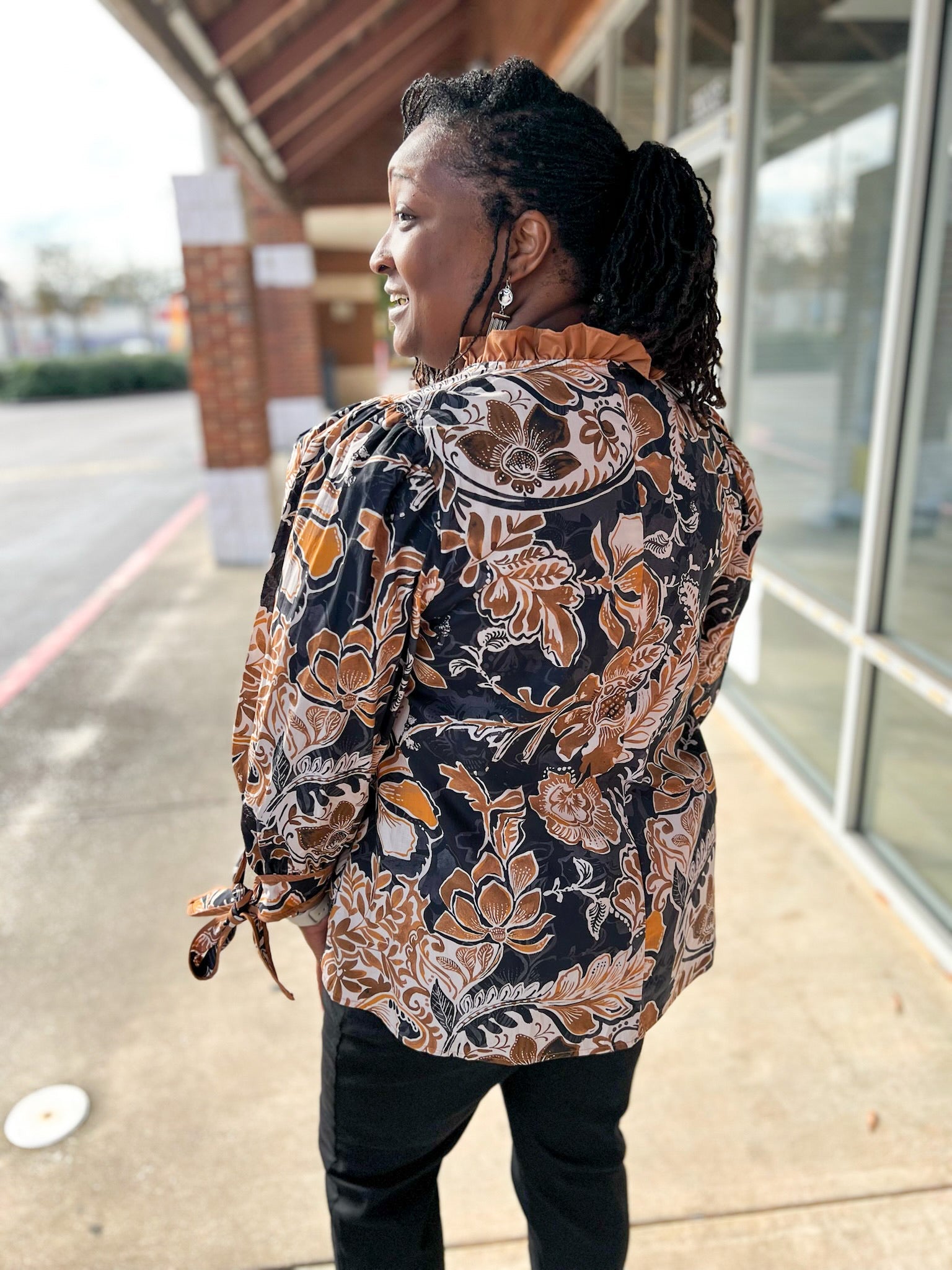 Black and Camel Floral Curvy V - Neck Top - A'Bekah's Boutique
