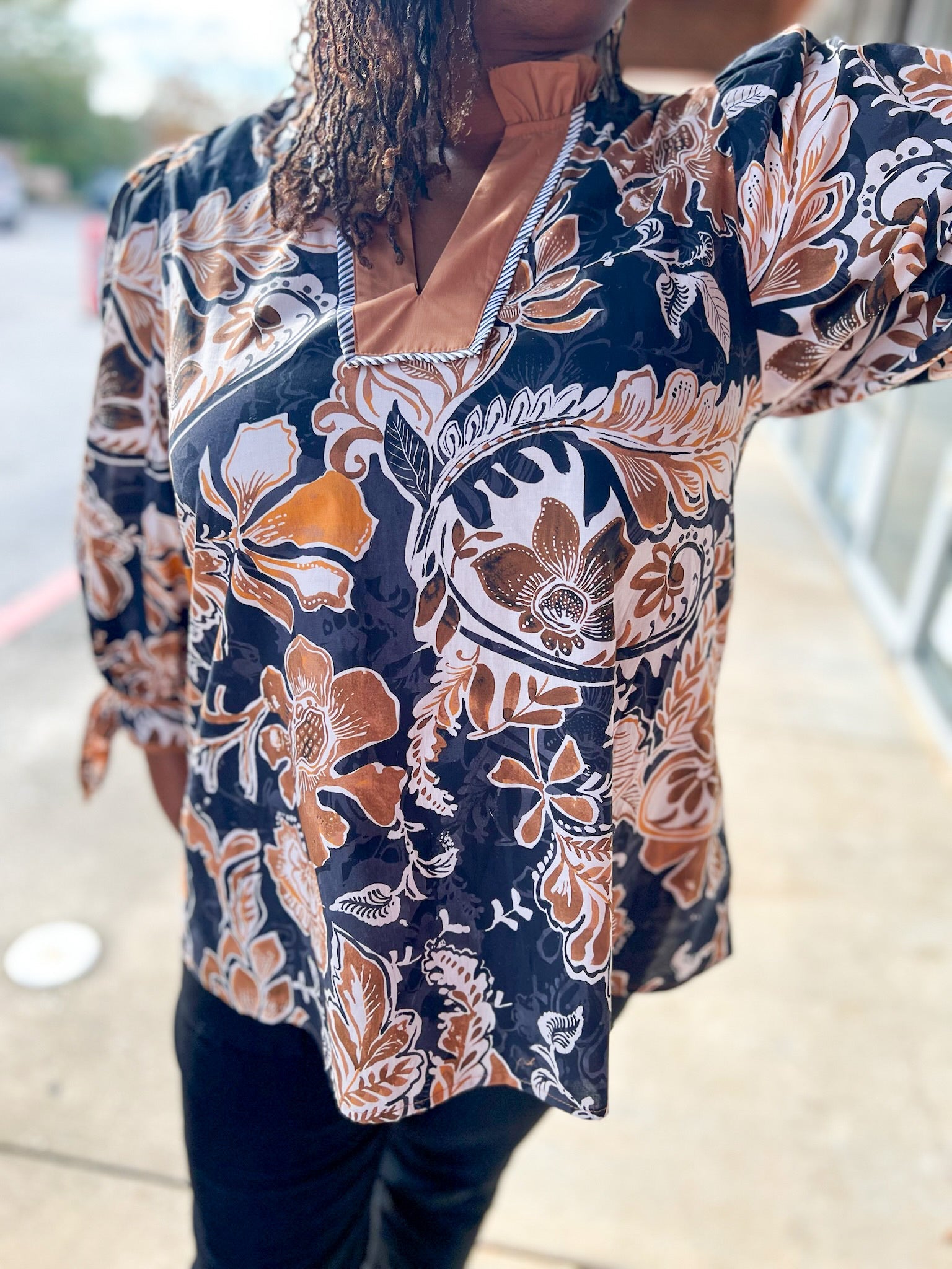 Black and Camel Floral Curvy V - Neck Top - A'Bekah's Boutique